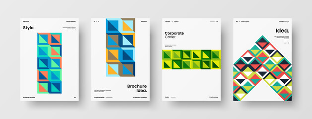 Naklejka premium Company identity brochure template collection. Business presentation vector A4 vertical orientation front page mock up set. Corporate report cover abstract geometric illustration design layout bundle.