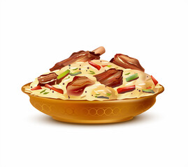 Traditional Arabic pilaf (maqluba) on plate isolated on white. Vector illustration.