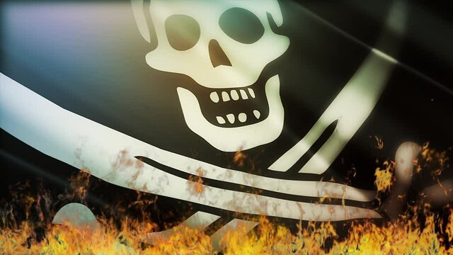 4k Burning Pirate flag Skull with flagpole waving in wind,fully digital rendering,The 3D animation loops at 20 seconds seamless loop background.