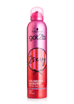 LONDON, UK - AUGUST 15, 2019: Schwarzkopf got2b 2sexy volumizing hair spray on white background.