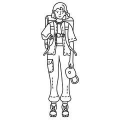 Linear outline drawing doodles. A girl in pants with pockets stands with a backpack behind her back in her cap. Travel, sport, training concept on a white background. Doodle set