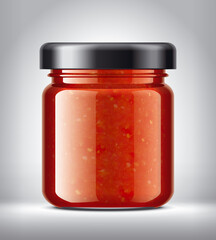 Glass Jar on Background with Tomato Sauce
