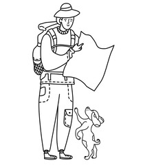Line drawing doodle. A tourist man in trousers with pockets and a hat is standing with a backpack in the hands of a map. A dog is jumping next to him. Travel, sport, training concept on a white