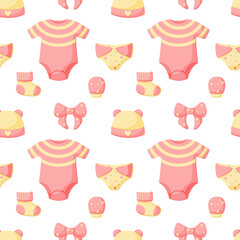 Vector abstract seamless background with sock, hat, mittens, bodysuit, diaper, bow. Colorful endless pattern. Great for kids design: paper, card, wallpaper, banner, fabric, interior.