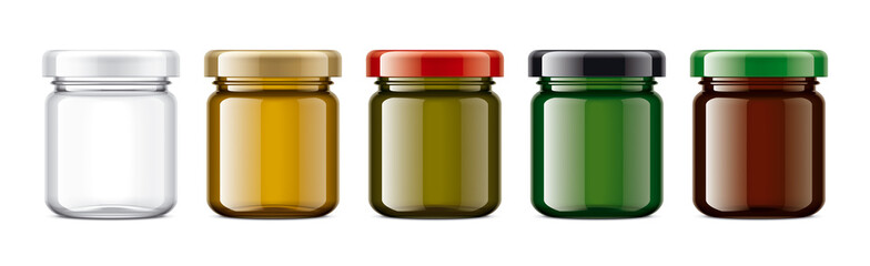 Set of Colored Glass Jars. 
