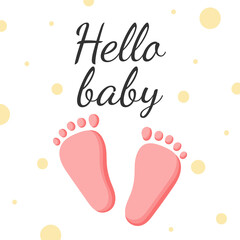 Beautiful greeting card for baby with feet and the inscription 