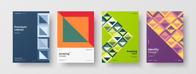 Fototapeta premium Company identity brochure template collection. Business presentation vector A4 vertical orientation front page mock up set. Corporate report cover abstract geometric illustration design layout bundle.