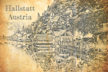 Sketch of Hallstatt on the lake in Austria