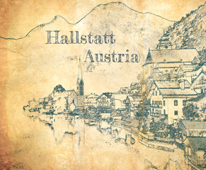 Hallstatt in Austria, sketch on old paper
