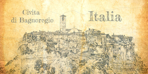 Sketch of the old town of Bagnoregio in Tuscany