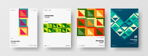 Fototapeta premium Company identity brochure template collection. Business presentation vector A4 vertical orientation front page mock up set. Corporate report cover abstract geometric illustration design layout bundle.