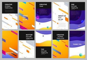 Social networks stories design, vertical banner or flyer templates. Covers design templates for flyer, leaflet, brochure cover, advertising. Minimal colorful geometric backgrounds with dynamic shapes.