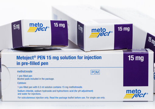 LONDON, UK - AUGUST 18, 2019: Pack of Metoject 15mg solution for injection in pre-filled pen on white. Methotrexate