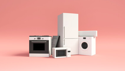 Group of home appliances. Refrigerator, Gas cooker, Microwave, Cooker hood, Air conditioner and Washing machine on pink studio background - 353950603