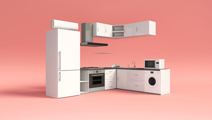 Modern Kitchen 3D Interior on pink studio background