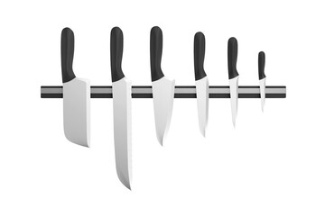 Group of kitchen knives on a magnetic stand isolated on white background
