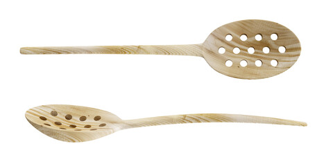 Kitchen Wood Dipper or big Spoon with holes isolated on white background