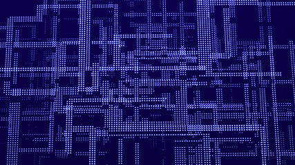 Abstract matrix. Gradient halftone. Many green dots of different sizes on dark background. 3d