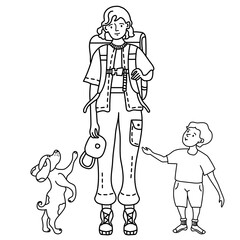 Linear outline drawing doodles family. Girl in trousers with pockets and with a backpack behind her back to travel in a cap. Standing next to a child and a dog jumping. Travel concept on a white