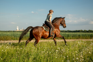 Mädchen galoppiert mit Pferd durch Blumen