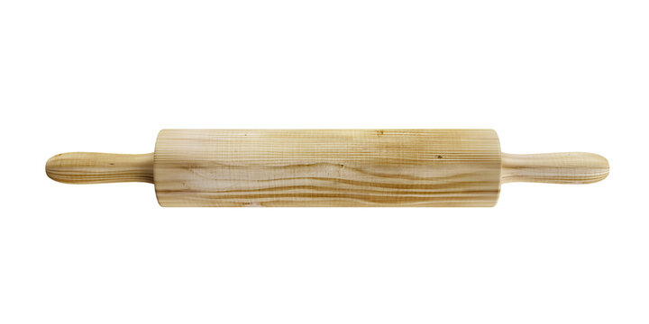 Close up view of wooden rolling pin isolated on white background