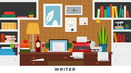 Flat vector illustration interior of the room writer, creative person.