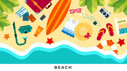 Summer beach tropical trip flat design vector illustration.