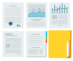 Collection vector illustration business documents with charts, graphs in flat design.