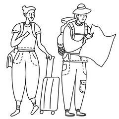 Linear drawing doodles girl and guy tourists. She has a bag on her shoulder and a suitcase on wheels. He is with a backpack and a map in his hands. Doodle set.
