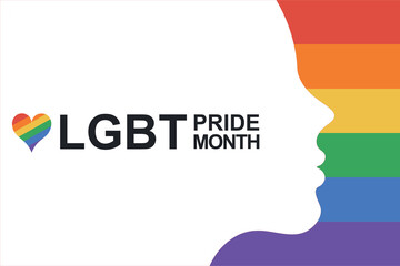 Woman silhouette on the rainbow LGBT flag with text pride month and colorful heart. Girl white silhouette with copy space for text or design. Pride and LGBT concept. Flat vector illustration