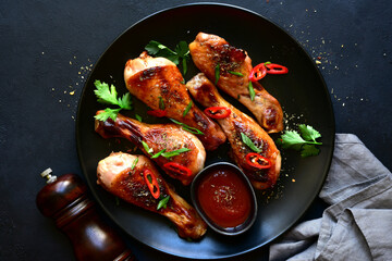Grilled chicken legs. Top view with copy space.