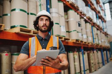 Young caucasian male worker doing stocktaking of product in cardboard box on shelves in warehouse...