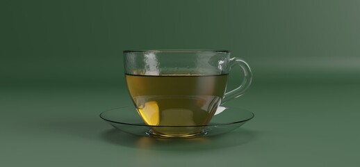 Green tea in a transparent glass cup, on a silver platter on a green background 3D rendering