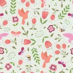 Vector flower illustration. Botanic seamless pattern with different flowers in traditional style. Folk gentle floral background