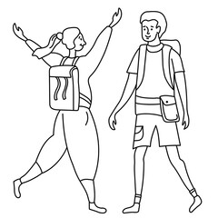 Linear outline drawing girl and guy tourists. She rejoices at the meeting, raised her hands and a backpack on her back. He is with a backpack behind and with a bag. Doodle set.