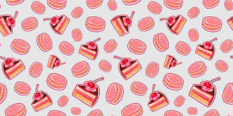 Watercolor seamless pattern. Macaroons cookies and cherry cake. Hand drawn illustration of  food.