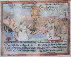 Bratislava, Slovakia. 2020/5/20. Fresco depicting angels adoring the Eucharist. 