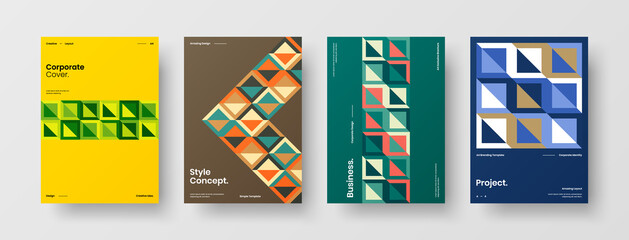 Obraz premium Company identity brochure template collection. Business presentation vector A4 vertical orientation front page mock up set. Corporate report cover abstract geometric illustration design layout bundle.