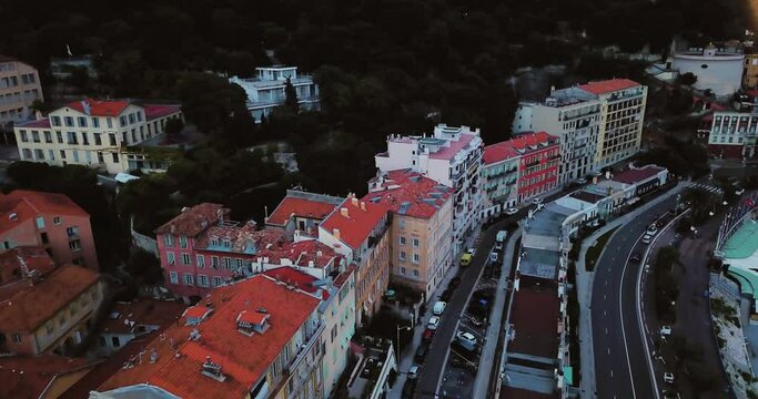 Nice, France. Aerial footage of city in the morning. Blue sea and sunrise in September. Tourist places