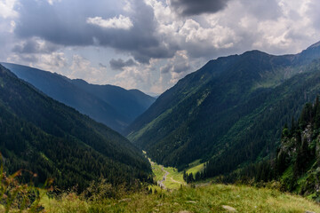 Fototapeta na wymiar Panoramic view over the green and lush summerish Valea Rea (Bad Valley), Fagaras Mountains, Romania