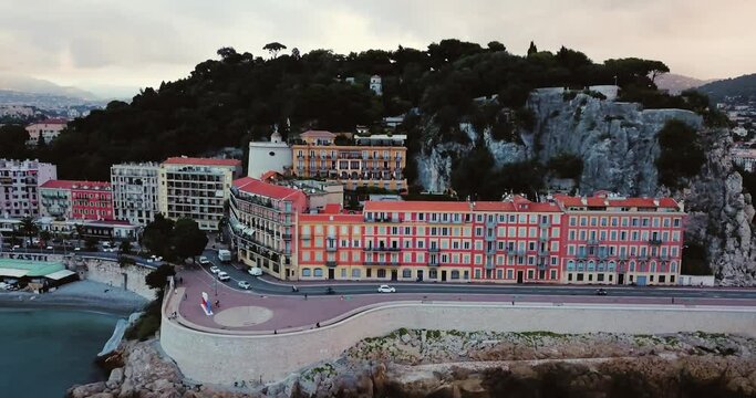 Nice, France. Aerial footage of city in the morning. Blue sea and sunrise in September. Tourist places