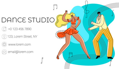 Vector flat business card template for dance Studio, school, club, etc. There are contact icons, image of dancing couple. this is possible for sizes 90x50.