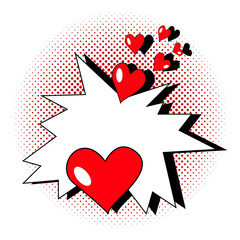Pop art comic book explosion with red hearts and copy space for text on halftone dots.