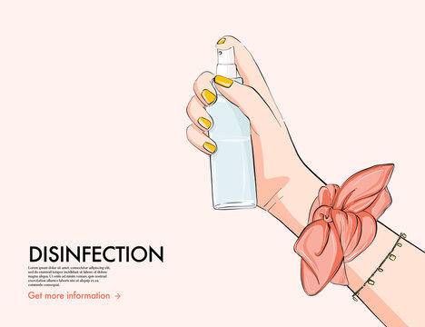 Disingection Hand sanitiser, fashion illustration woman hnd holding spray bottle, hygiene cleaning liquid. Safe place in beauty salon, personal care, protection. Vector sketch