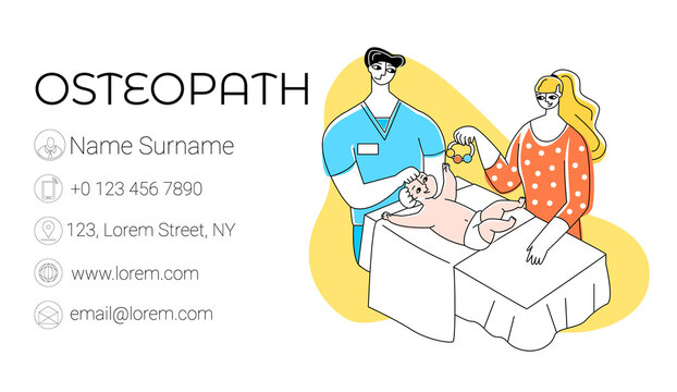 Vector flat business card template for child osteopath. There are contact icons, picture baby being treated by chiropractic, mother. Concept medical, physiotherapists. it is possible for sizes 90x50.