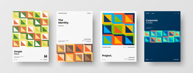 Company identity brochure template collection. Business presentation vector A4 vertical orientation front page mock up set. Corporate report cover abstract geometric illustration design layout bundle.