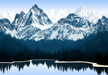 vector lake in mountains range in forest - obrazy, fototapety, plakaty