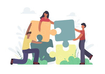 Business concept. People connecting puzzle elements. Symbol of teamwork, partnership, cooperation. Vector isolate on a white background in trend color.