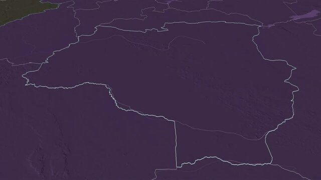 Tabora, region with its capital, zoomed and extruded on the administrative map of Tanzania in the conformal Stereographic projection. Animation 3D