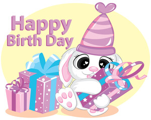 happy day, rabbit with hat coming out gift box vector illustration